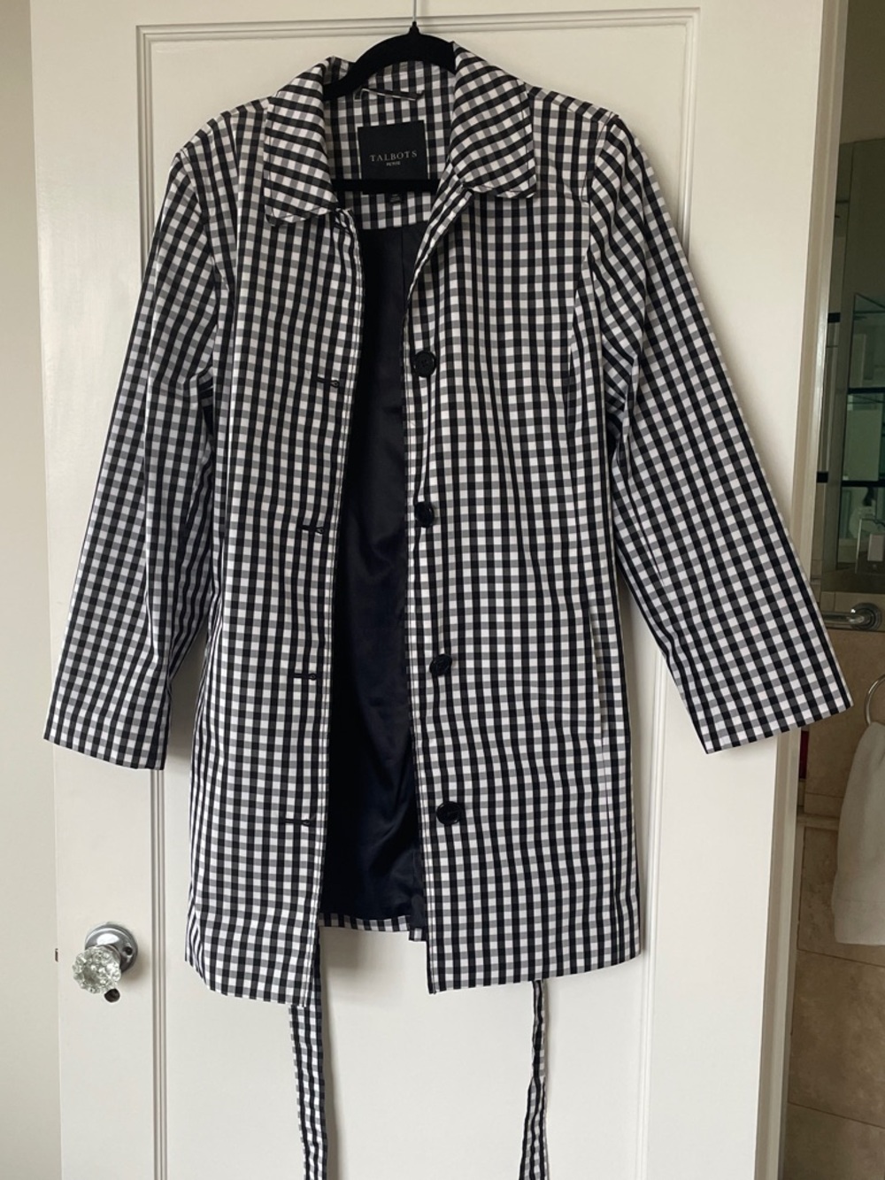 Talbots Black & White Gingham Belted Trench Coat
